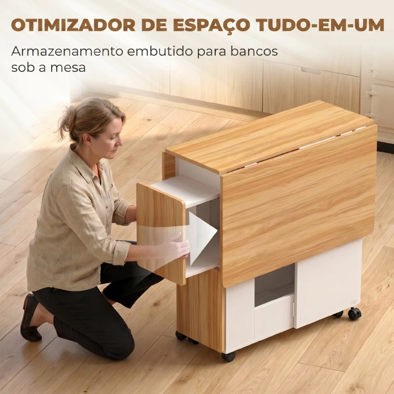 HOMCOM Conjunto de Mesa de Jantar Dobrável com 4 Bancos Ocultos, 2 Abas Rebatíveis, Rodas e Prateleiras, Carvalho