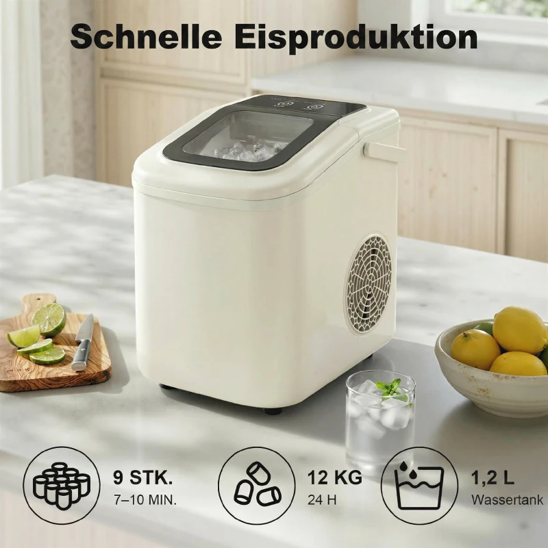 HOMCOM Tragbare Eiswürfelmaschine mit Selbstreinigung, Eisschaufel & Korb, 12 kg/24 Std., Beige