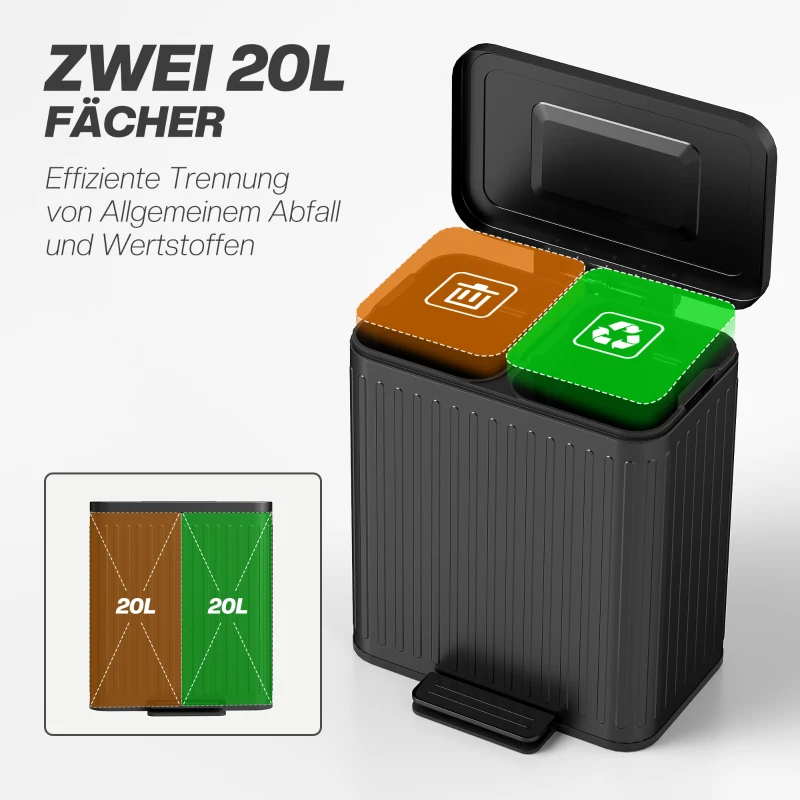 HOMCOM Küchenmülleimer, 2 x 20 L-Fächer, effiziente Mülltrennung, Fußpedal, Kunststoff, Metall, Schwarz