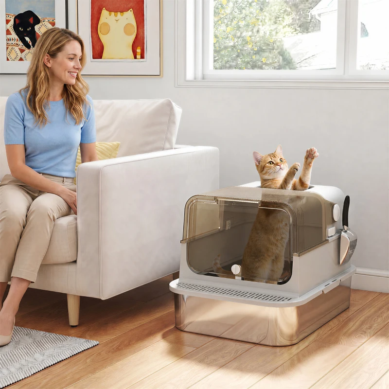 PawHut Caixa de Areia para Gatos em Aço Inoxidável para Gatos Grandes com Tampa Basculante Laterais Altas 70x50x46,5 cm Cinzento