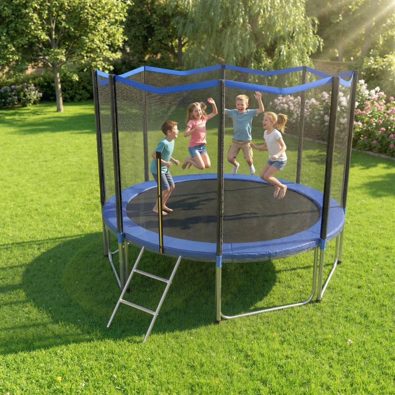 SPORTNOW Cama Elástica Exterior Ø305 cm Trampolín para Niños con Red de Seguridad Escalera y Acolchado de Muelles Azul