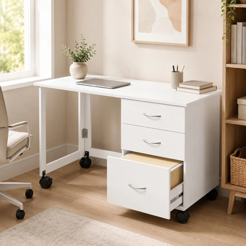 HOMCOM Scrivania Ufficio Pieghevole con 3 Cassetti, 4 Ruote con Freno, Bianco