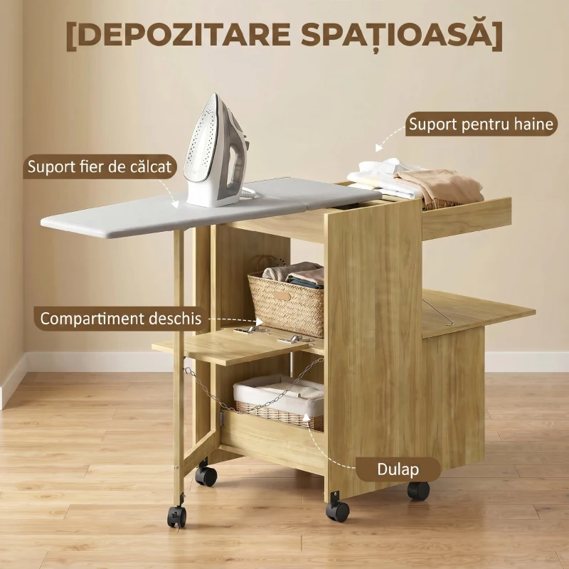 HOMCOM Dulap Masă de Călcat Rabatabilă cu Suport pentru Fier și Haine, cu Compartiment Deschis, 154x55x87 cm, Lemn Natural