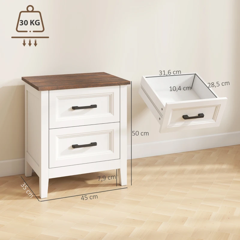 HOMCOM Mesa de Cabeceira Mesa de Cabeceira com 2 Gavetas Estilo Rústico 45x30x50 cm Branco