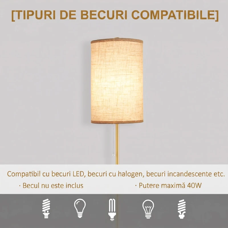 HOMCOM Lampadar cu Abajur din In și Dulie E27, In și Oțel, 25,5x25,5x157 cm, Auriu