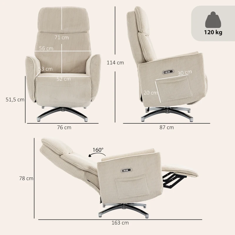 HOMCOM Relaxsessel Elektrisch Verstellbar Fernsessel mit Liegefunktion, 2 Motoren Drehbar TV Sessel mit USB-Anschluss