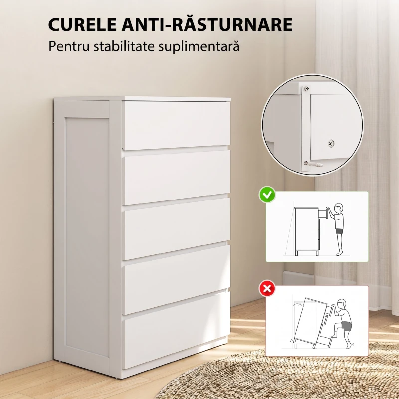 HOMCOM Comodă cu 5 Sertare din Lemn cu Mânere Incorporate, 60x38x100 cm, Alb(m-6)