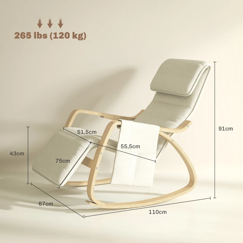 HOMCOM Silla Mecedora con Reposapiés Ajustable en 5 Posiciones Bolsillo Lateral Reposabrazos de Madera Reposacabezas Crema