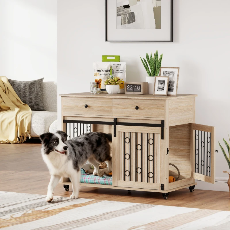 PawHut Jaula para Perros Medianos y Grandes Mesa Auxiliar Moderna con 2 Cajones 2 Puertas y Cierre 100x56x81 cm Roble