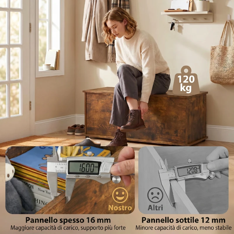 HOMCOM Panca Contenitore Capacità 120 kg per Camera da Letto e Ingresso, in Legno, 100x40x40 cm, Marrone