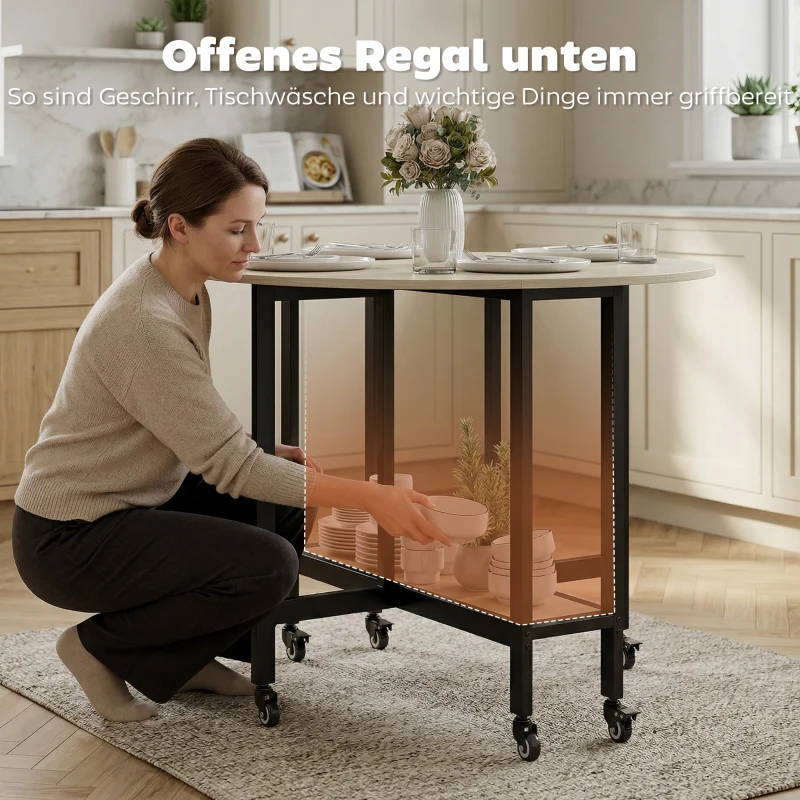 HOMCOM Klaptafel, Tafel met inklapfunctie en open opbergrek, Verrijdbare keukentafel voor eetkamer, kleine ruimtes, Naturel