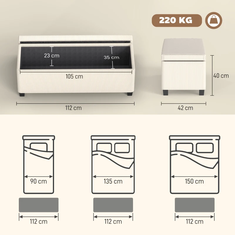 HOMCOM Bancă pentru Capătul Patului cu Spațiu de Depozitare de 84L, din Țesătură cu Aspect de Catifea și Oțel, 112x42x40 cm, Bej