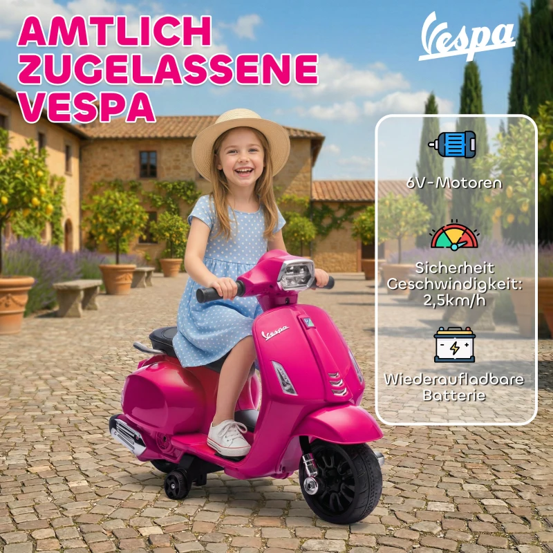 AIYAPLAY Elektro Motorrad Kinder Vespa 6V Elektromotorrad mit Stützrädern, Scheinwerfer, Hupe für 2-4 Jahre 71 x 37 x 52 cm Rosa