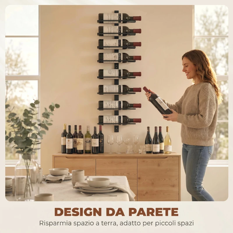 HOMCOM Portabottiglie da Parete in Acciaio per 8 Bottiglie di Vino, Cucina e Sala, 27x10x93.5 cm, Nero