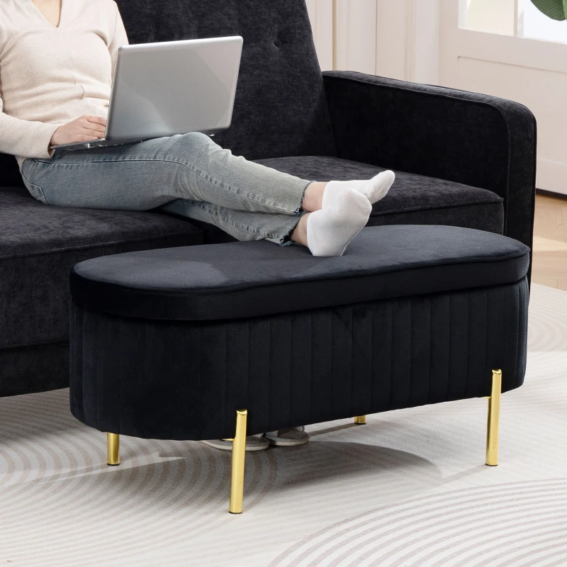 HOMCOM Bancă de Depozitare Ovală 72L cu Capac Rabatabil, din Catifea și Lemn, 108 x 44 x 43,5 cm, Negru