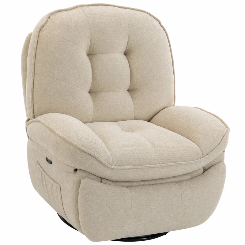 HOMCOM Chenille relaxfauteuil, handmatig verstelbaar, 360° draaibaar en schommelend, met brede zitting en hoge rugleuning, crèmewit