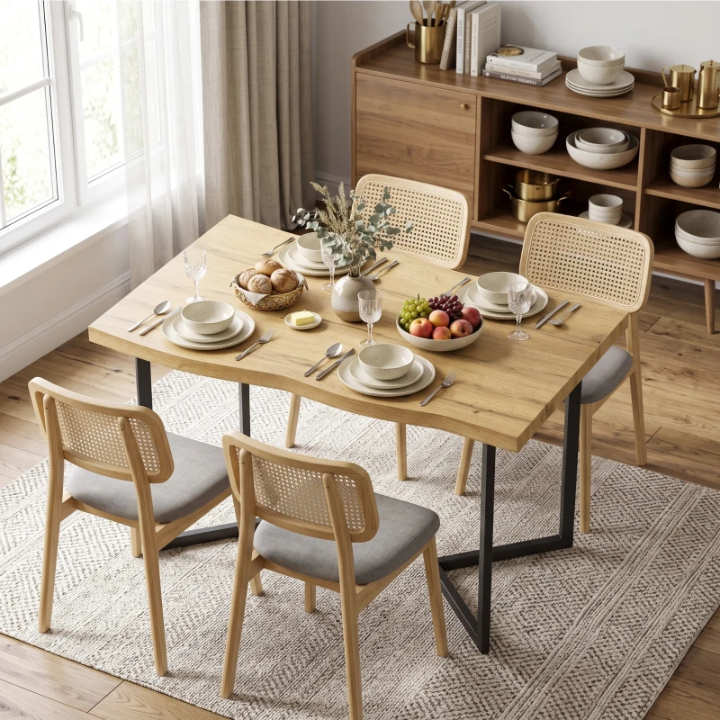 HOMCOM Masă de Dining pentru 2 Persoane cu Blat Gros Picioare Metalice Stil Modern 110x67x75,5 cm Stejar