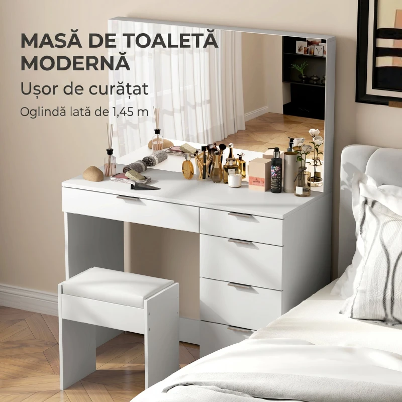HOMCOM Set Masă de Toaletă cu Oglindă și 5 Sertare 97,2x44,5x136,5 cm și Taburet Căptușit 40x24x46 cm, Alb