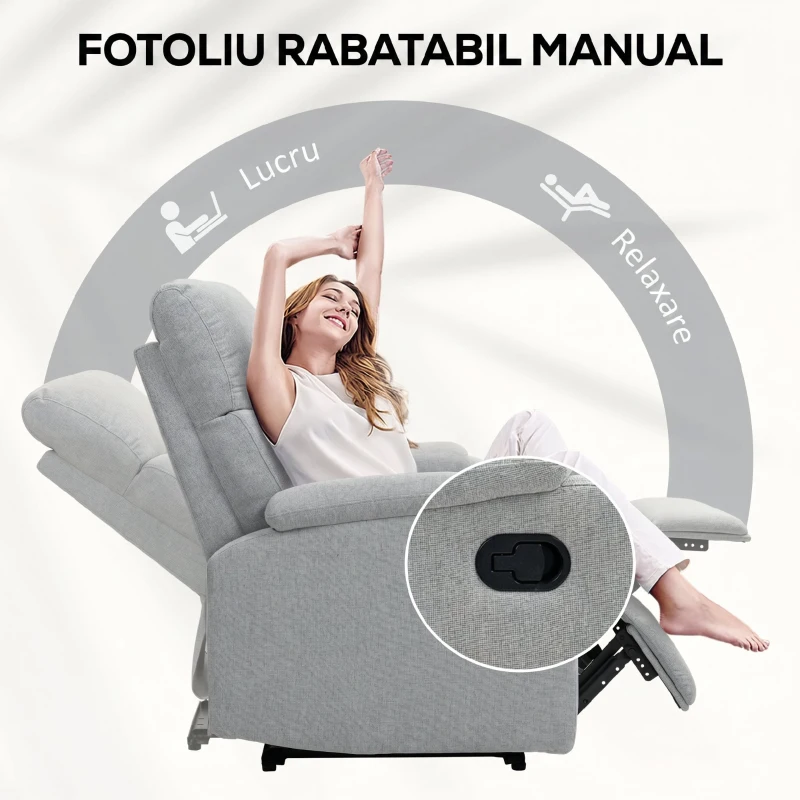 HOMCOM Fotoliu Reclinabil Manual la 60° Extra Căptușit în Material Textil cu Suport pentru Picioare, Gri