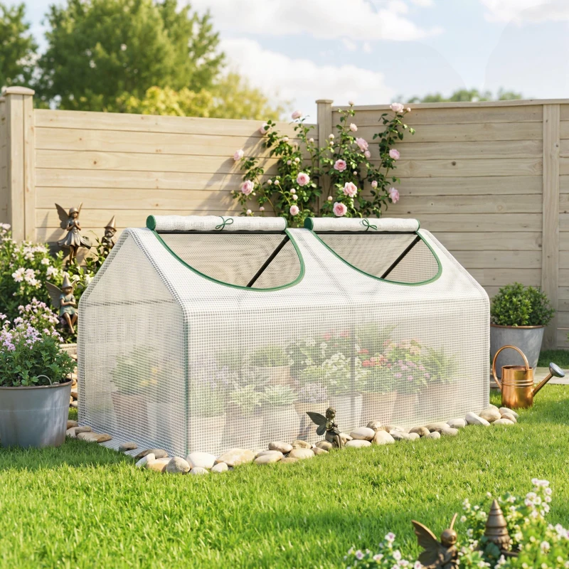 Outsunny Serra da Giardino a Casetta con Copertura in PE, Serra per Orto con Picchetti e Bordi Estesi per Piante e Fiori, 120x60x60cm, Bianco