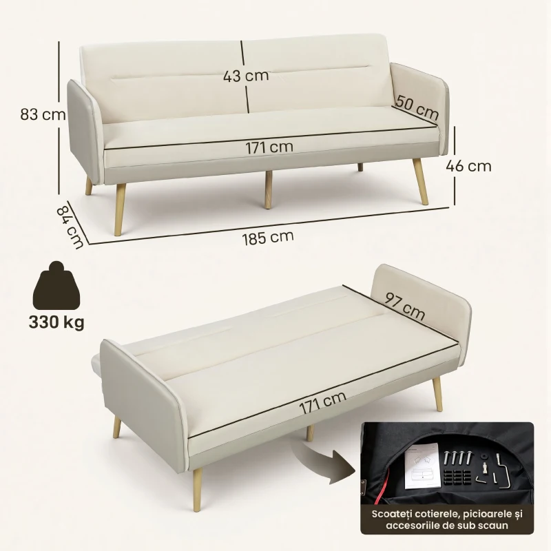HOMCOM Canapea extensibilă 3 locuri cu spătar rabatabil și tapițerie cu efect de catifea, 185x84x83 cm, bej