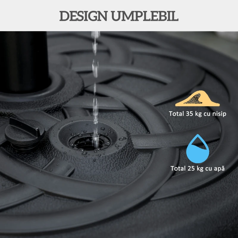 Outsunny Bază pentru Umbrelă de Soare Rotundă din Plastic, Umplibilă cu Apă și Nisip pentru Stâlpi de 38-48 mm, Ø56 cm, Negru