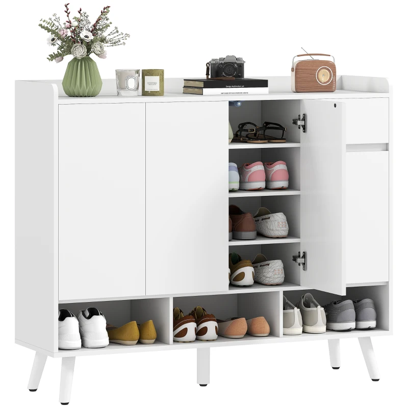 HOMCOM Pantofar Hol cu 4 Uși Push-to-Open, Rafturi Reglabile, MDF și Lemn Pin, 120x35x100 cm, Alb