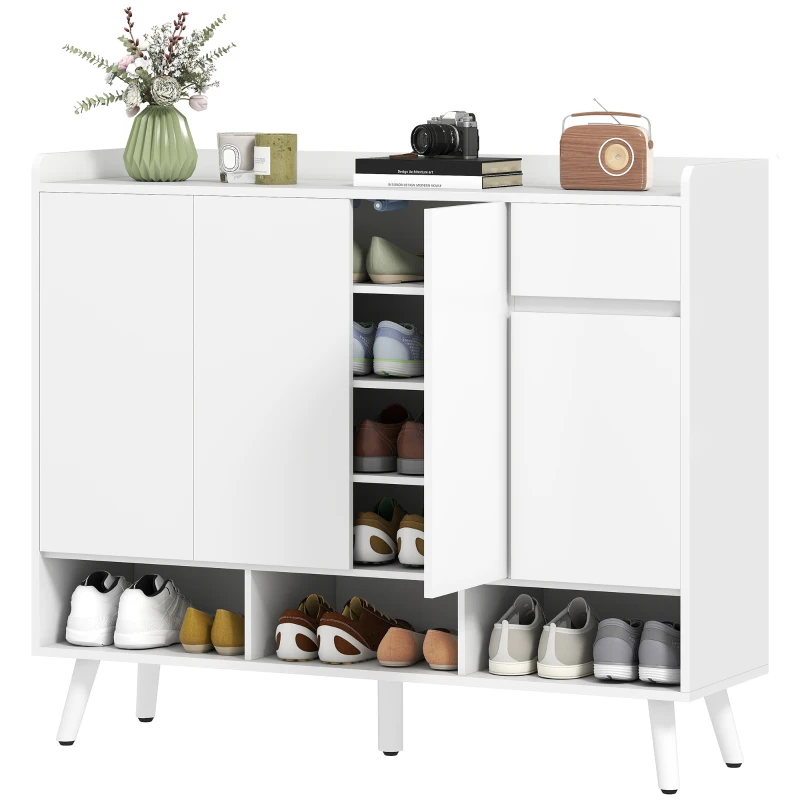 HOMCOM Pantofar Hol cu 4 Uși Push-to-Open, Rafturi Reglabile, MDF și Lemn Pin, 120x35x100 cm, Alb