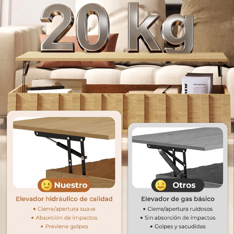 HOMCOM Mesa de Centro Elevable Mesa de Café para Salón con 2 Compartimentos Ocultos Patas de Metal 110x55x36,5 cm Roble