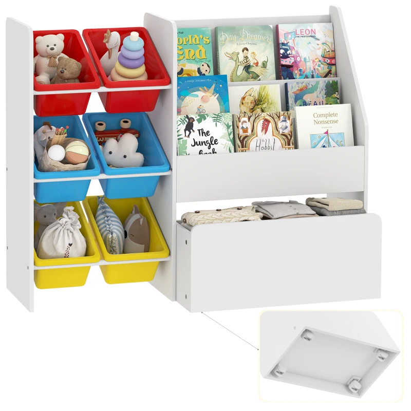 AIYAPLAY Meuble rangement enfant rangement jouets enfant 6 bacs amovibles et grand coffre à roulettes 100x30x80cm multicolore