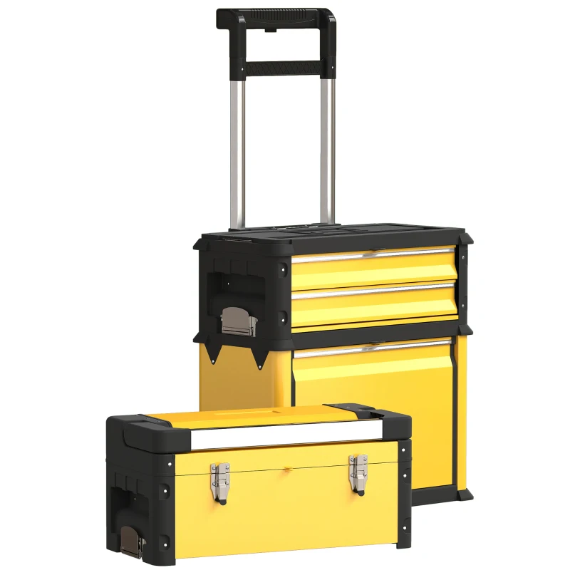 HOMCOM Lot de 3 boîtes à outils sur roulettes empilables et modulaires en acier avec plateau, poignées et serrure, jaune