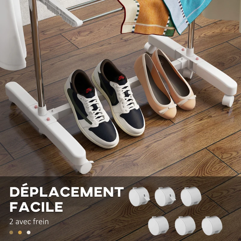 HOMCOM Étendoir à Linge 3 Niveaux, Sechoir a Linge avec 6 Roulettes, Pliable, Cadre en Acier Inoxydable et Ailes Latérales, pour Intérieur Extérieur, 142 x 55 x 152 cm, Blanc
