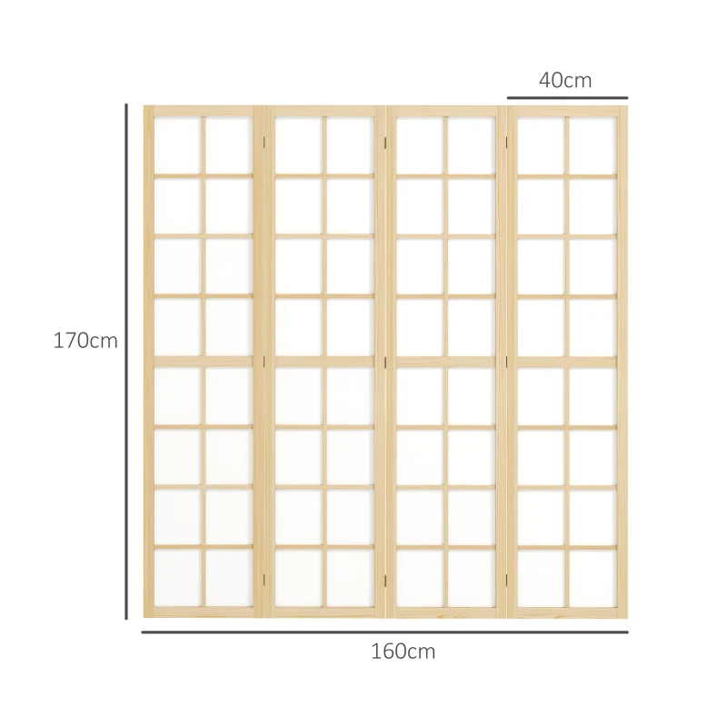HOMCOM Biombo de 4 Paneles Plegable con Marco de Madera 160x170 cm para Dormitorio Oficina Salón Natural