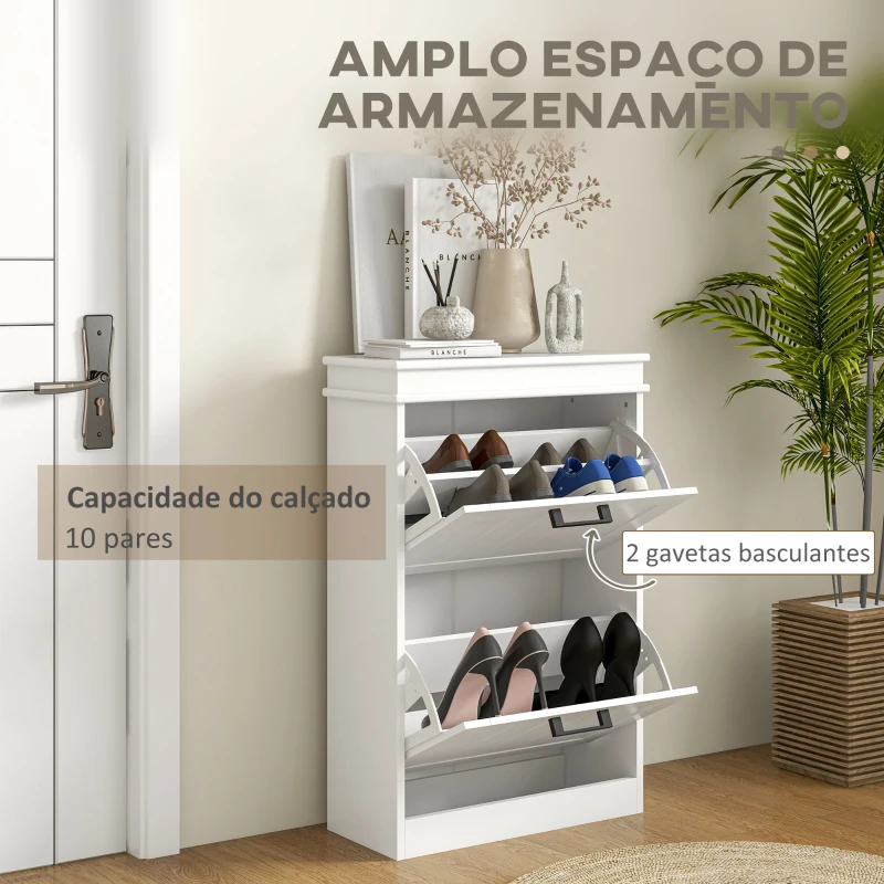 HOMCOM Sapateira Estreita com 2 Gavetas Basculantes Moderno com Prateleiras Ajustáveis para 10 Pares Branco
