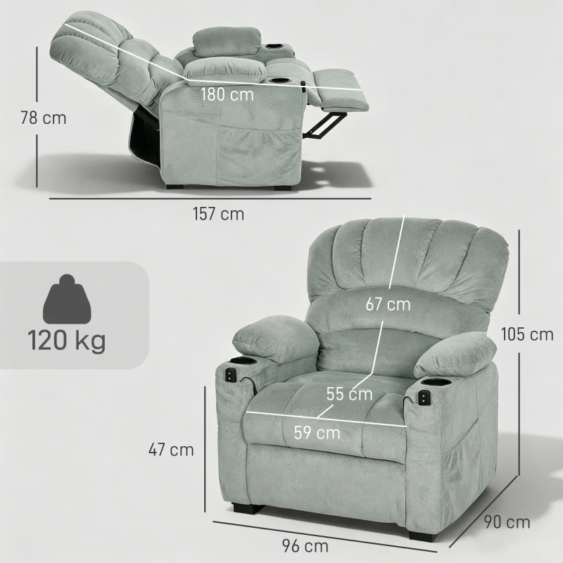 HOMCOM Fotoliu Relax Electric Reclinabil 150° cu Suport pentru Picioare, Șezut Lat, Silențios, Catifea, Gri