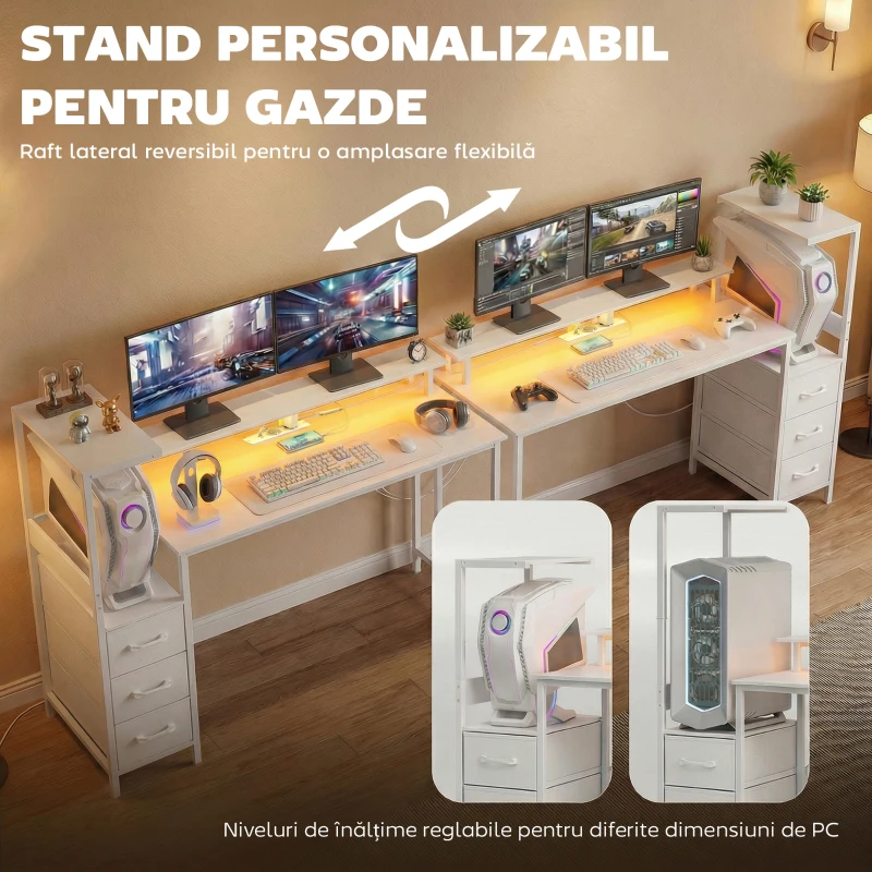 HOMCOM Birou Gaming 147 cm, Masă pentru Computer cu Suport CPU Reglabil și Reversibil, Lumini RGB, Prize de Alimentare, Porturi USB și USB-C, Suport Monitor și 3 Sertare din Material Textil, Alb