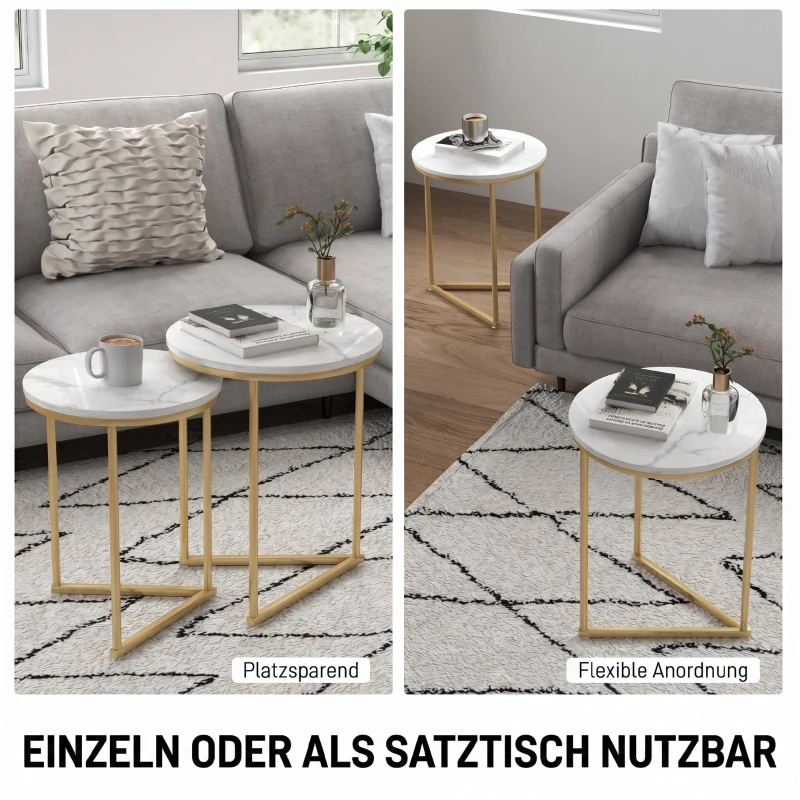 HOMCOM Beistelltisch 2er-Set, moderner Couchtisch mit goldenen Stahlbeinen für Wohnzimmer, Schlafzimmer
