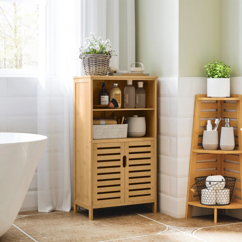 kleankin Meuble de rangement salle de bain en bambou avec 2 portes ajourées et 2 compartiments 50 x 29 x 92 cm naturel