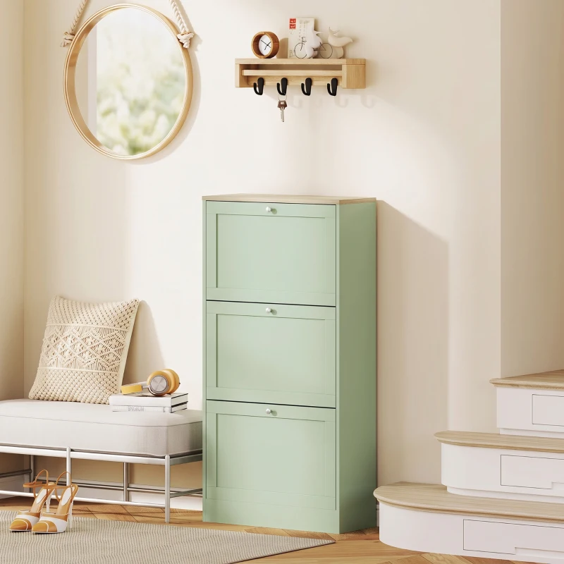 HOMCOM Mueble para Zapatos Estilo Moderno, 3 Puertas Abatibles, 18 Pares de Zapatos, 60 x 23,5 x 115 cm, Verde