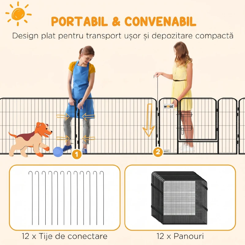 PawHut Țarc pentru câini, 12 panouri modulabile 80x1.5x80 cm, pliabil cu ușă din oțel, 12 țăruși, gri