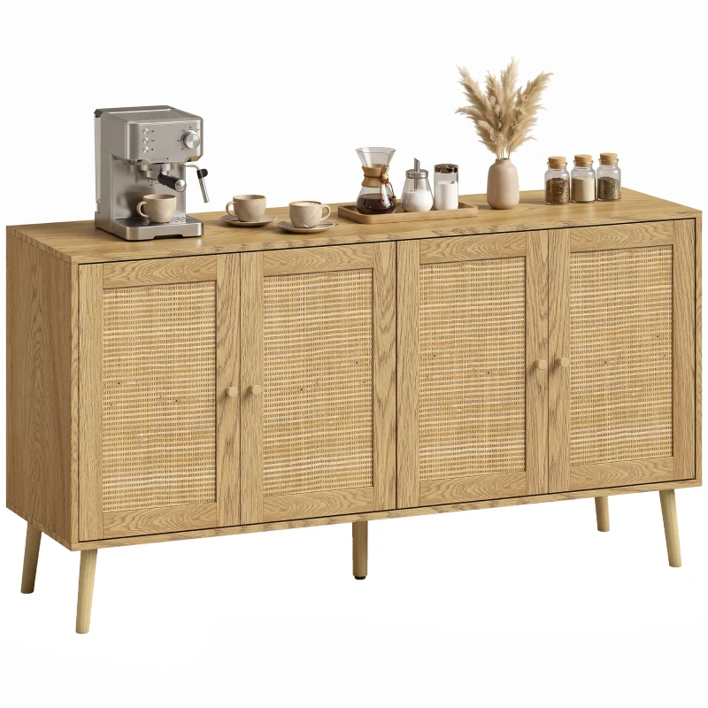 HOMCOM Rattan Sideboard mit 4 Türen, Boho Küchenbuffet mit 2 verstellbaren Einlegeböden, Holzoptik natur