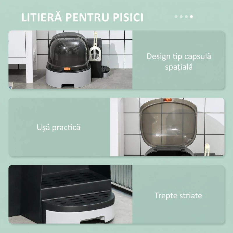 PawHut Litiere pentru Pisici Închise cu Capac, Tavă Detasabilă și Lopățică, din PP și PC, 52x60x42 cm, Gri Închis