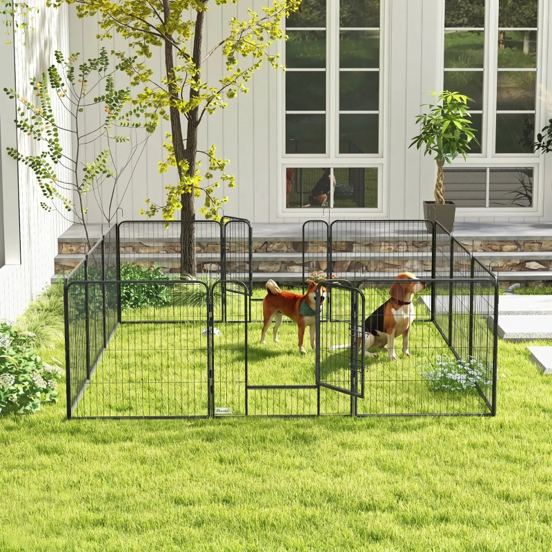 PawHut Țarc pentru câini, 12 panouri modulabile 80x1.5x80 cm, pliabil cu ușă din oțel, 12 țăruși, gri