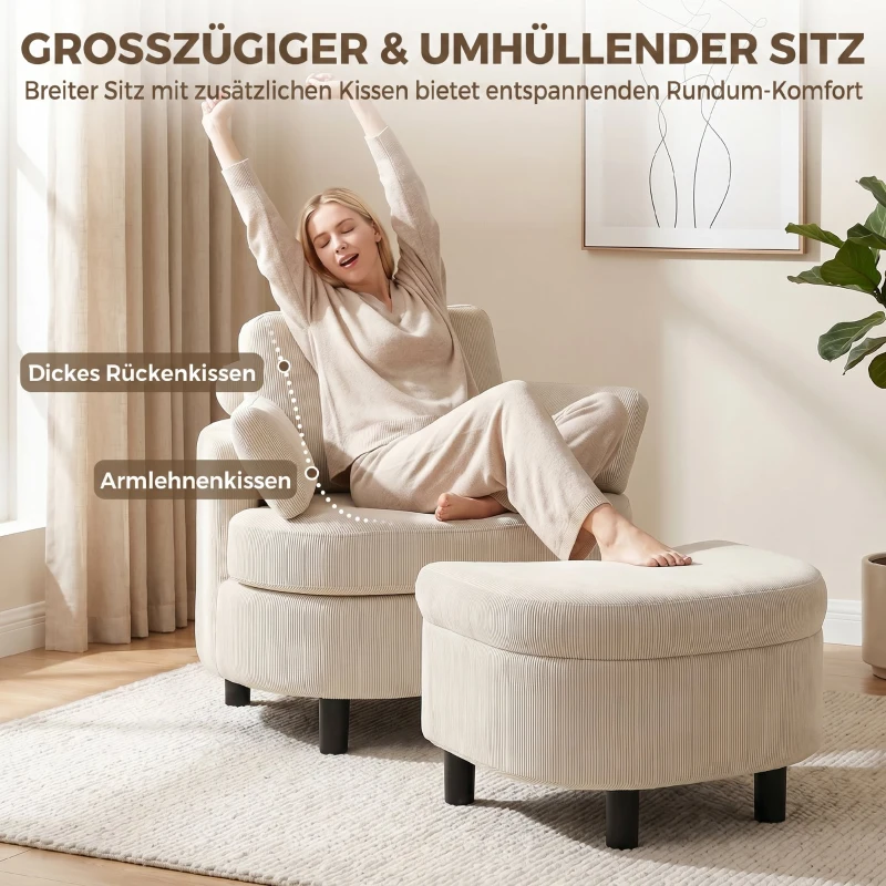 HOMCOM Fauteuil met opbergpoef, cordbekleding, omsluitende leesstoel met verstelbare hoofdsteun, brede zitting, crèmewit