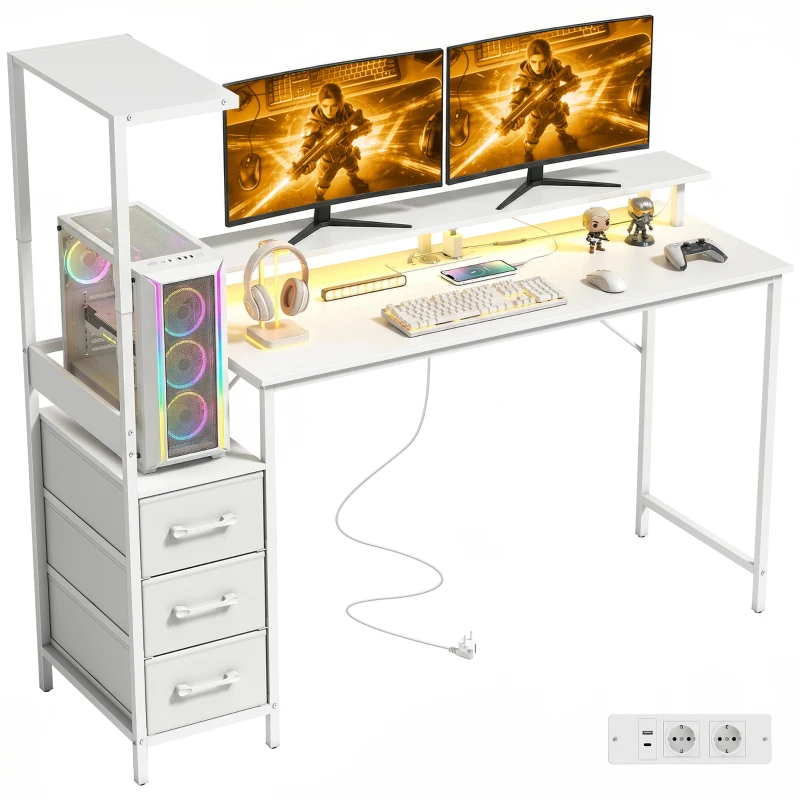 HOMCOM Birou Gaming 147 cm, Masă pentru Computer cu Suport CPU Reglabil și Reversibil, Lumini RGB, Prize de Alimentare, Porturi USB și USB-C, Suport Monitor și 3 Sertare din Material Textil, Alb