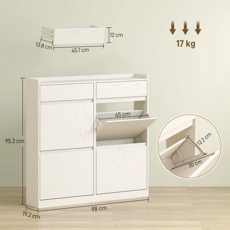 HOMCOM Dulap de Pantofi Slim din Lemn cu 4 Sertare Rabatabile și 2 Sertare Glisante, 98x19,2x95,3 cm, Alb