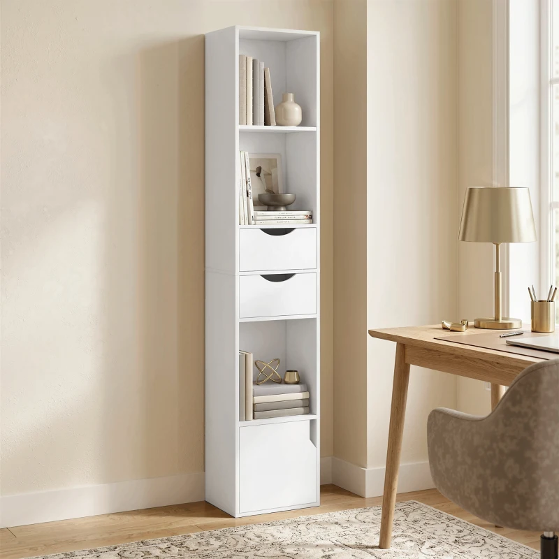 HOMCOM Estante com 2 gavetas, Armário de livros estreito com 3 prateleiras abertas, para escritório, quarto 30x24x158cm Branco
