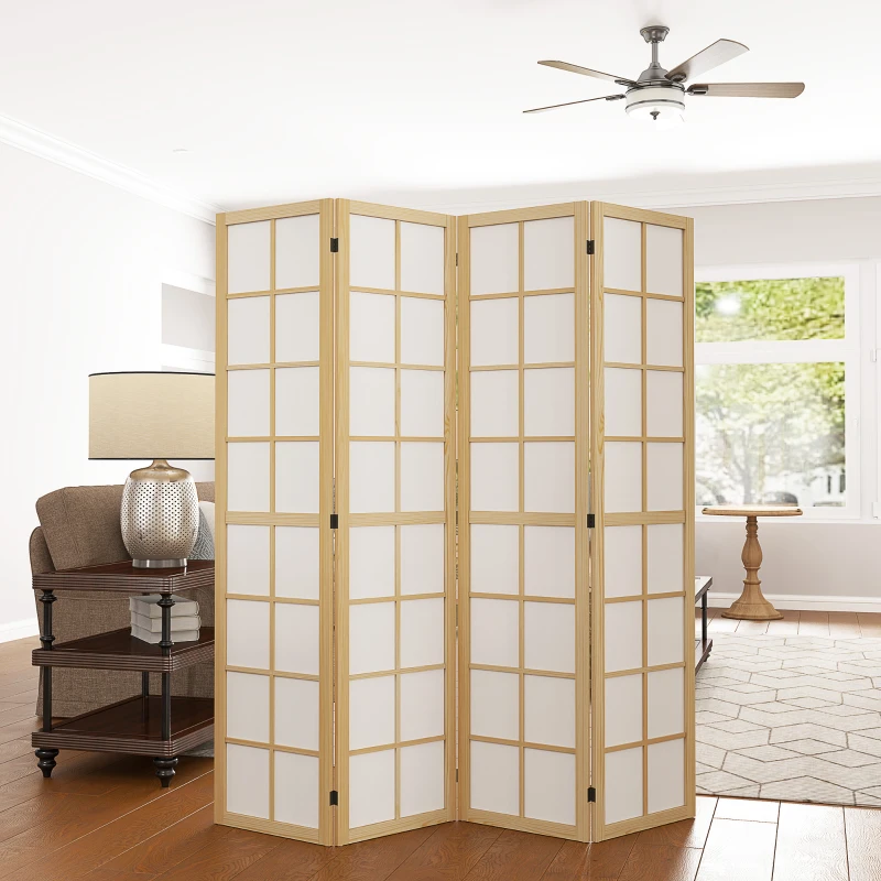 HOMCOM Biombo de 4 Paneles Plegable con Marco de Madera 160x170 cm para Dormitorio Oficina Salón Natural
