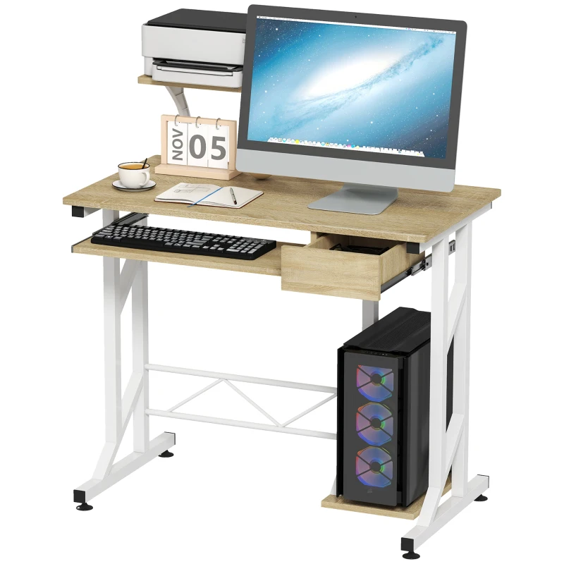HOMCOM Mesa de Escritorio Mesa de Estudio con Bandeja de Teclado y Cajón Mesa de Ordenador para Despacho 90x50x100 cm Roble