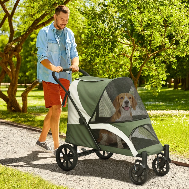 PawHut Opvouwbare Hondenbuggy voor 2 Kleine Honden tot 25 kg Donkergroen(m-2)